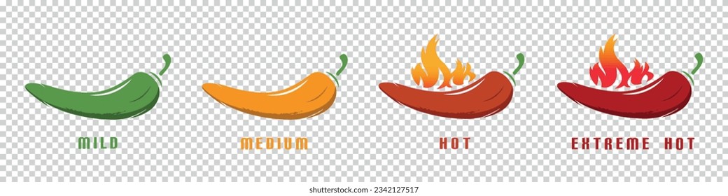 Chili Mild, Medium, Hot, Extreme Hot With Flame - Colorful Vector Illustration Isolated On Transparent Background