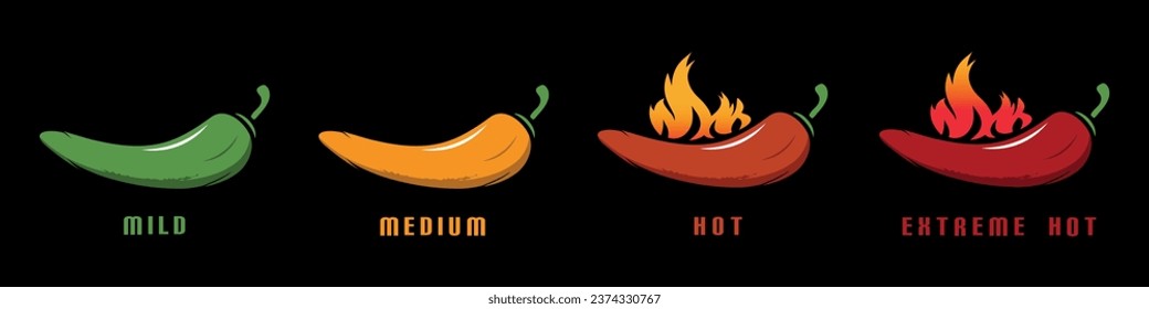 Chili Mild, Medium, Hot, Extreme Hot With Flame - Colorful Vector Illustration Isolated On Black Background