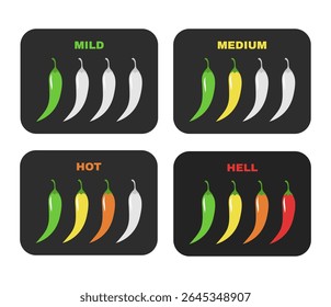 Chilli leve, médio, quente, e inferno nível rótulo. Rótulos de vetor de nível picante quente do alimento do tempero e do gosto do molho