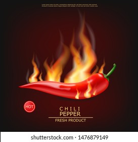 Chili on fire vector realistic. Hot pepper advert concept. Dark background. 3d illustration burning food poster template