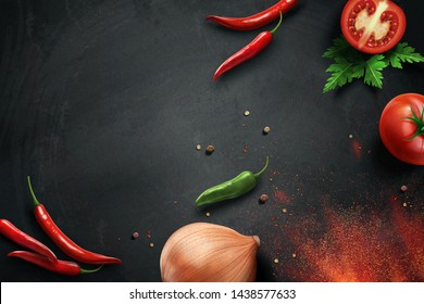 Chili And Onion Ingredients On Chalkboard In 3d Illustration