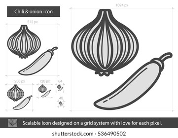 Chili and onion vector line icon isolated on white background. Chili and onion line icon for infographic, website or app. Scalable icon designed on a grid system. Chili and onion vector line icon isolated on white background. Chili and onion line icon for infographic, website or app. Scalable icon designed on a grid system.