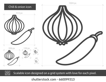 Chili and onion vector line icon isolated on white background. Chili and onion line icon for infographic, website or app. Scalable icon designed on a grid system.