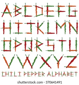 chili pepper alphabet with red, green and orange chili peppers, isolated on white