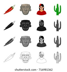 Chili pepper, ancient mask, Mexican girl, cactus. Country Mexico set collection icons in cartoon black monochrome outline style vector symbol stock illustration web.