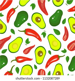 Chili pepper and avocado vector seamless pattern. Chili pepper and avocado isolated on white background
