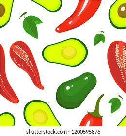 Chili pepper and avocado vector seamless pattern. Chili pepper and avocado isolated on white background