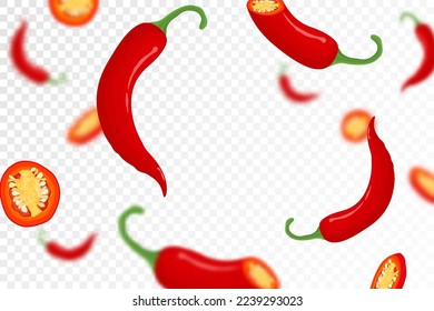 Chili pepper background. Flying or falling chili pepper isolated on transparent background. Can be used for advertising, packaging, banner, poster, print. Flat design. Vector illustration