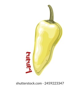 Chili pepper with Banana text, cartoon spice label. Fresh yellow wax pepper with mild tangy taste and medium size, sweet raw ingredient and cartoon typography badge of vegetable vector illustration