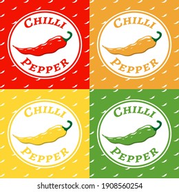 Chili pepper. Beautiful new labels of spicy sauces of different colors. Red seasoning for food. Vector illustration for websites, prints and culinary magazines.
