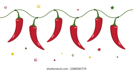 Borde de pimienta chile. Marco mexicano, fiesta Cinco de Mayo, pimientos picantes rojos, fondo de comida picante. Ilustración vegetal de vacaciones