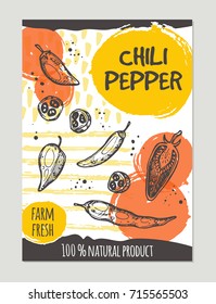 Chili pepper brochure concept design. Retro background. Hand drawn vector illustration. Can be used for street festival, farmers market, country fair, shop, menu, cafe, restaurant, poster, banner.