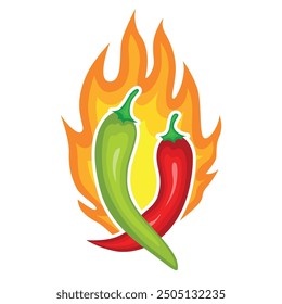 Chili pepper at burning fire spicy hot cooking ingredient vector flat illustration. Mexican food spice vegetable seasoning culinary paprika cayenne with heat flame natural cookery recipe