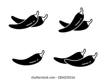 Chili pepper or Cayenne, silhouette icons set. Outline pictogram for packaging design. Black simple illustration of hot spice and piquancy. Flat isolated vector emblem on white background