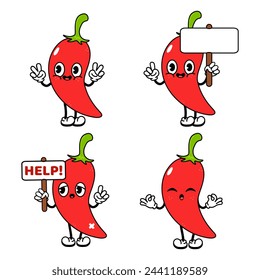 Juego de paquetes de personajes de chile pimiento. Vector dibujado a mano estilo doodle tradicional vintage de dibujos animados, ilustración de carácter retro diseño de iconos. Fondo blanco aislado. Personaje de mascota de pimiento picante