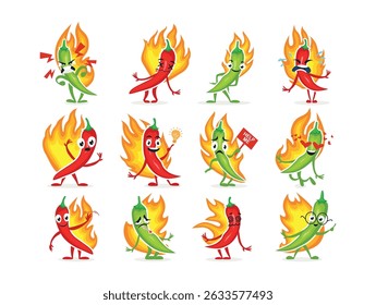 Chili pepper character designs exhibiting various emotions and actions in a vibrant, fun vector style