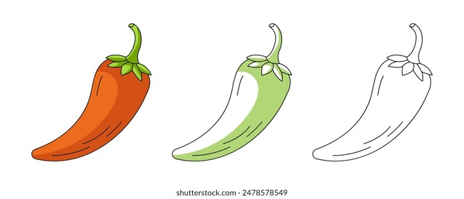 Chili pepper, colorful and line icons set. Farm vegetable vector outline icon, monochrome and color illustration. Healthy nutrition, organic food, hot spice. For sticker, logo, coloring book