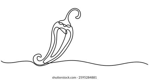 Chili pepper in continuous line art drawing style. Hot spice chili black linear sketch isolated on white background, chili pepper continuous line vector illustration, pepper graphic design Single line