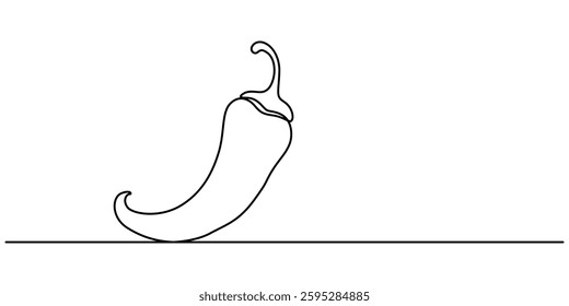 Chili pepper in continuous line art drawing style. Hot spice chili black linear sketch isolated on white background, chili pepper continuous line vector illustration, pepper graphic design Single line