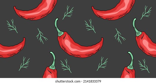 Chili pepper and dill, vector seamless pattern, hand-drawn