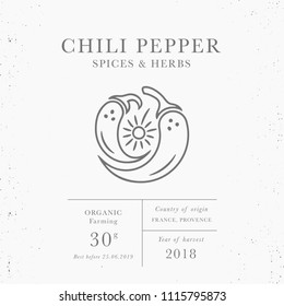 Chili pepper - emblem of packaging design template. Fresh local herbs collection. Organic spices - logo in trendy linear style isolated on white background with texture