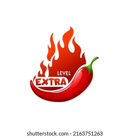 Niveles extra calientes de pimienta chile y señal de fuego rojo aislado icono plano de caricatura. Llama vectorial y condimento de chile, escala de pimienta, sabor de comida vegetariana extraordinaria con especias, condimento de comida rápida caliente