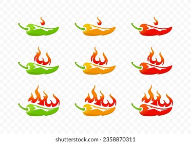 Chili pepper with fire flame for heat pepper scale from low to high logo design. Hot fire chili, spicy pepper heat scale rating vector design