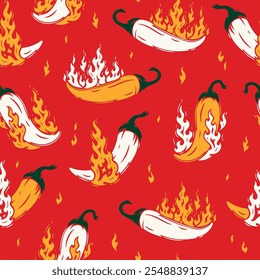 Chili Pepper com fogo chamas padrão vermelho sem emenda. Sabor A Pimenta. Comida condimentada. Mão desenhada. Não é IA. Ilustração vetorial.