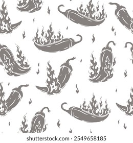 Chili Pepper with Fire Flames Seamless Monochrome Pattern. Hot Chilli Taste. Spicy Food. Hand drawn. Vector illustration.