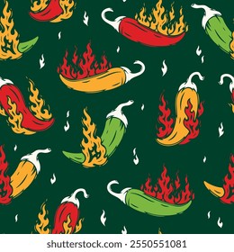 Chili Pepper with Fire Flames Seamless Colorful Pattern. Hot Chilli Taste. Spicy Food. Hand drawn. Not AI. Vector illustration.