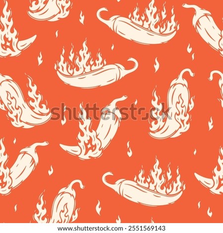 Chili Pepper with Fire Flames Seamless Red Pattern. Hot Chilli Taste. Spicy Food. Hand drawn. Not AI. Vector illustration.