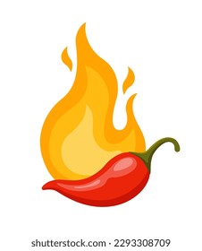 Pimienta y fuego chile. Llama de fuego caliente y pimienta de chile roja aislada en fondo blanco. Ilustración vectorial para el diseño de restaurantes o menú de comida picante