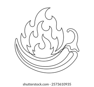 Chili pepper with fire line isolated on white background. Simple vegetable silhouette. Hand drawn chili pepper outline. Vector illustration