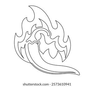 Chili pepper with fire line isolated on white background. Simple vegetable silhouette. Hand drawn chili pepper outline. Vector illustration