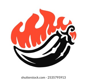 Chili pepper in fire symbol. Spice food icon emblem sign