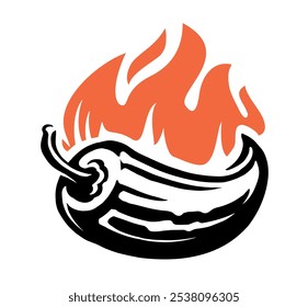 Chili pepper in fire symbol. Spice food emblem sign. Vector illustration