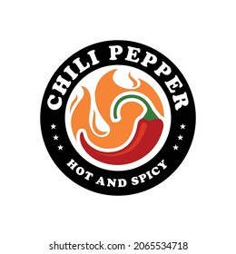 Chili pepper in fire vector illustration. Hot and spicy food symbol. Circle shape emblem, label, logo design template.