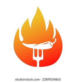 Chili pepper in fire vector illustration. Hot and spicy food symbol. Circle shape emblem, label, logo design template on white background