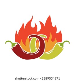 Chili pepper in fire vector illustration. Hot and spicy food symbol. Circle shape emblem, label, logo design template on white background