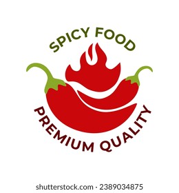 Chili pepper in fire vector illustration. Hot and spicy food symbol. Circle shape emblem, label, logo design template on white background