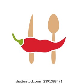 Chili pepper in fire vector illustration. Hot and spicy food symbol. Circle shape emblem, label, logo design template on white background
