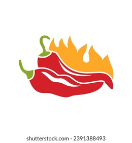 Chili pepper in fire vector illustration. Hot and spicy food symbol. Circle shape emblem, label, logo design template on white background