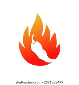 Pimienta de chile en la ilustración del vector del fuego. Símbolo de comida picante y picante. Emblema de forma circular, etiqueta, plantilla de diseño de logotipo sobre fondo blanco