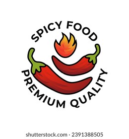 Chili pepper in fire vector illustration. Hot and spicy food symbol. Circle shape emblem, label, logo design template on white background
