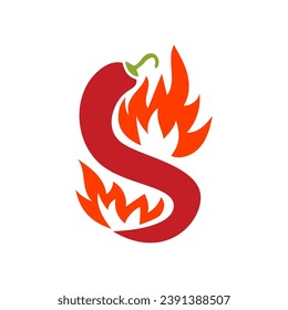 Chili pepper in fire vector illustration. Hot and spicy food symbol. Circle shape emblem, label, logo design template on white background
