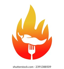 Chili pepper in fire vector illustration. Hot and spicy food symbol. Circle shape emblem, label, logo design template on white background