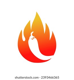 Pimienta de chile en la ilustración del vector del fuego. Símbolo de comida picante y picante. Emblema de forma circular, etiqueta, plantilla de diseño de logotipo sobre fondo blanco