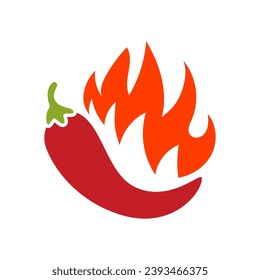 Chili pepper in fire vector illustration. Hot and spicy food symbol. Circle shape emblem, label, logo design template on white background