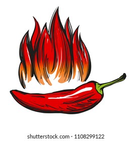 chili pepper and flame abstract symbol, sign, vegetable hand drawn vector illustration sketch