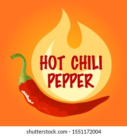 Chili pepper in flame concept. Fresh red cayenne. Vector design on orange background in flat or cartoon style.
